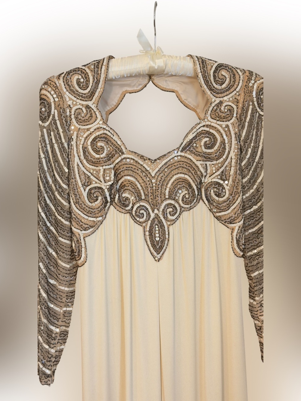 Vintage Ivory Gold Beaded Sequin Maxi Dress Long Sleeve Keyhole Formal Gown - Picture 4 of 11